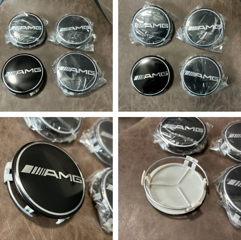 4 Black and silver Mercedes Benz AMG 75mm rim center caps